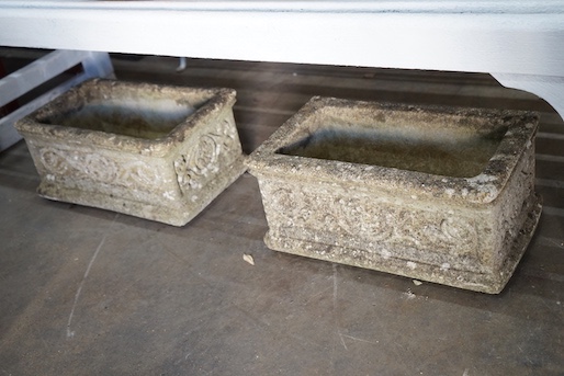 A pair of rectangular reconstituted stone garden planters, width 43cm, depth 26cm, height 20cm